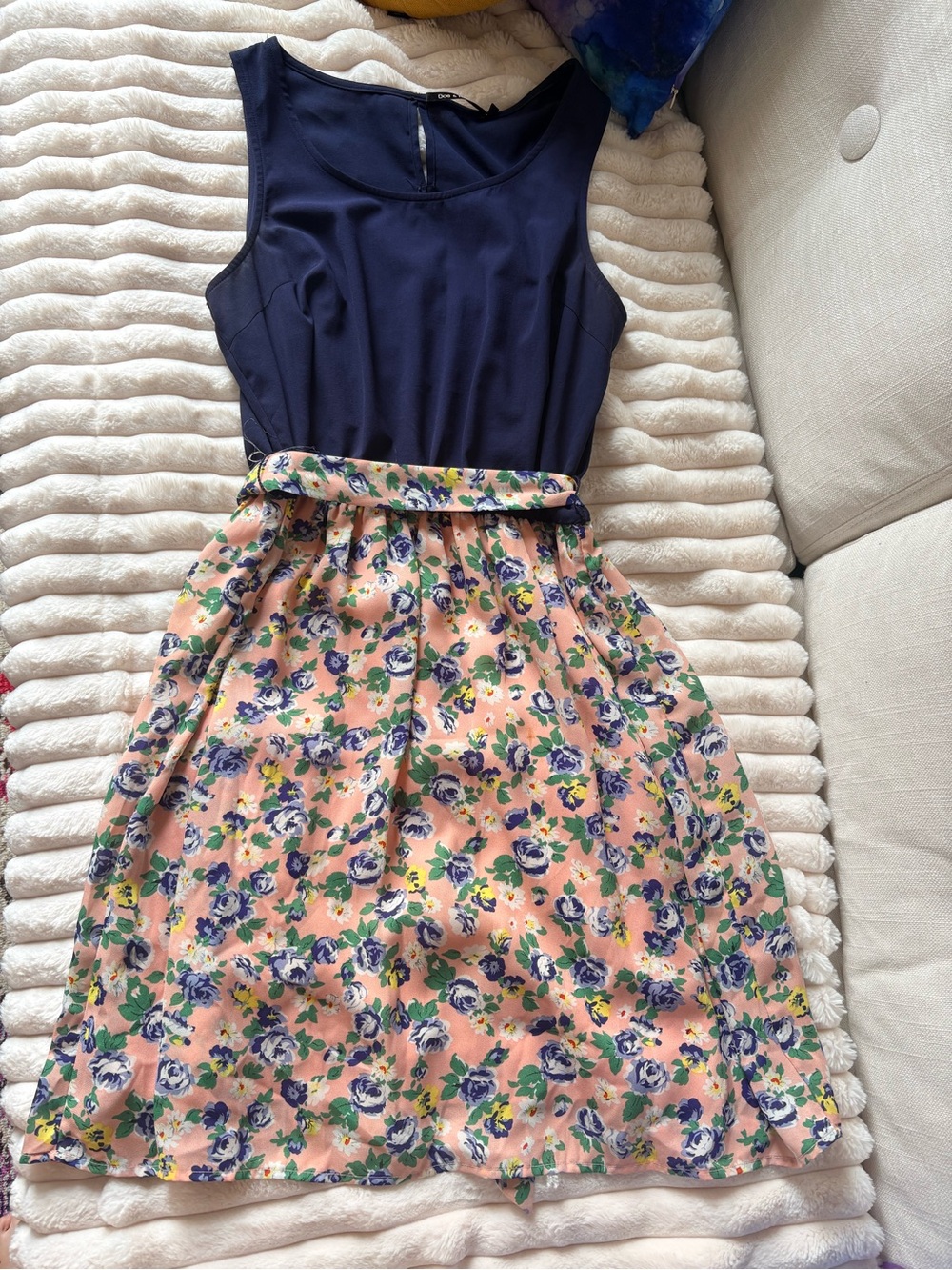 Doe & Rae Navy Top with Peach Floral A-Line Skirt